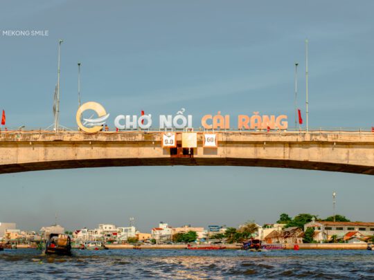 An overhead view of the vibrant Cai Rang Floating Market, a must-visit landmark on the Can Tho city tour.