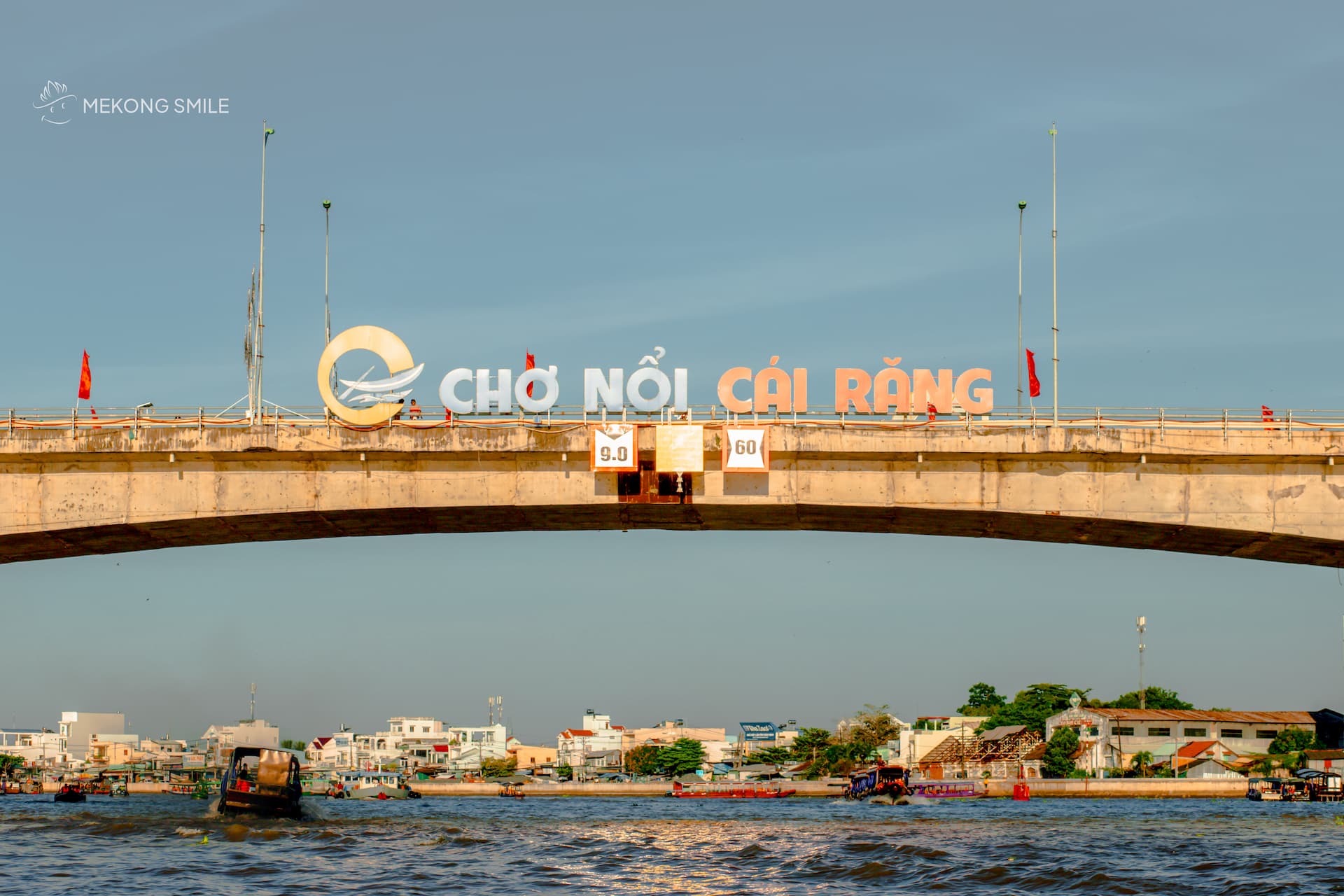An overhead view of the vibrant Cai Rang Floating Market, a must-visit landmark on the Can Tho city tour.