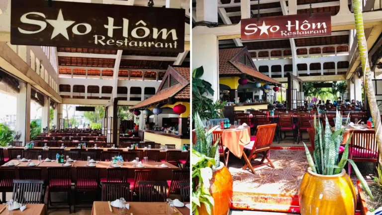 Collage of the entrance and dining area at Sao Hom Restaurant in Can Tho Old Market