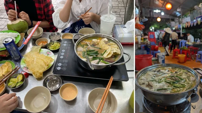 Duck hotpot and side dishes served at Vit Nau Chao Thanh Giao