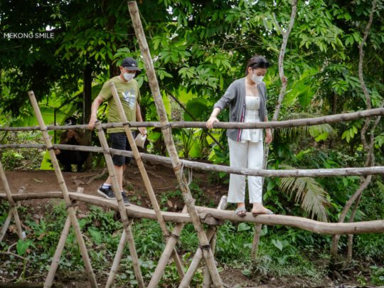 A person carefully crossing a traditional "monkey bridge" (cầu khỉ), a narrow, iconic bridge in the Mekong Delta.