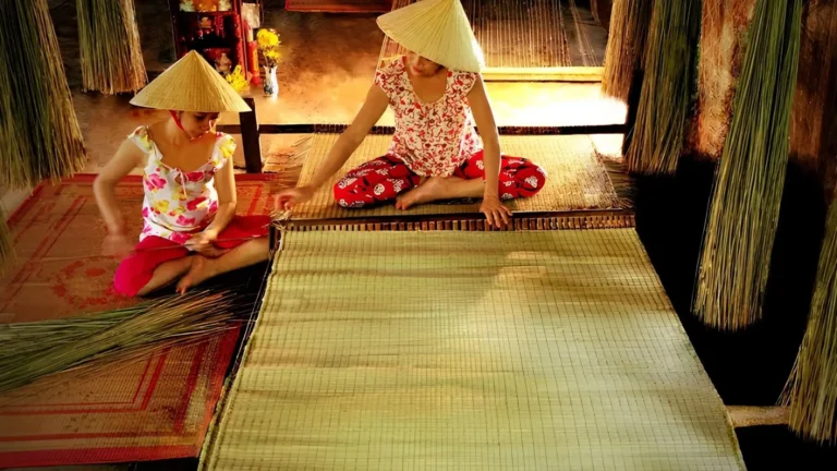 A bright, newly finished colorful mat at An Hiep Mat Weaving Village.