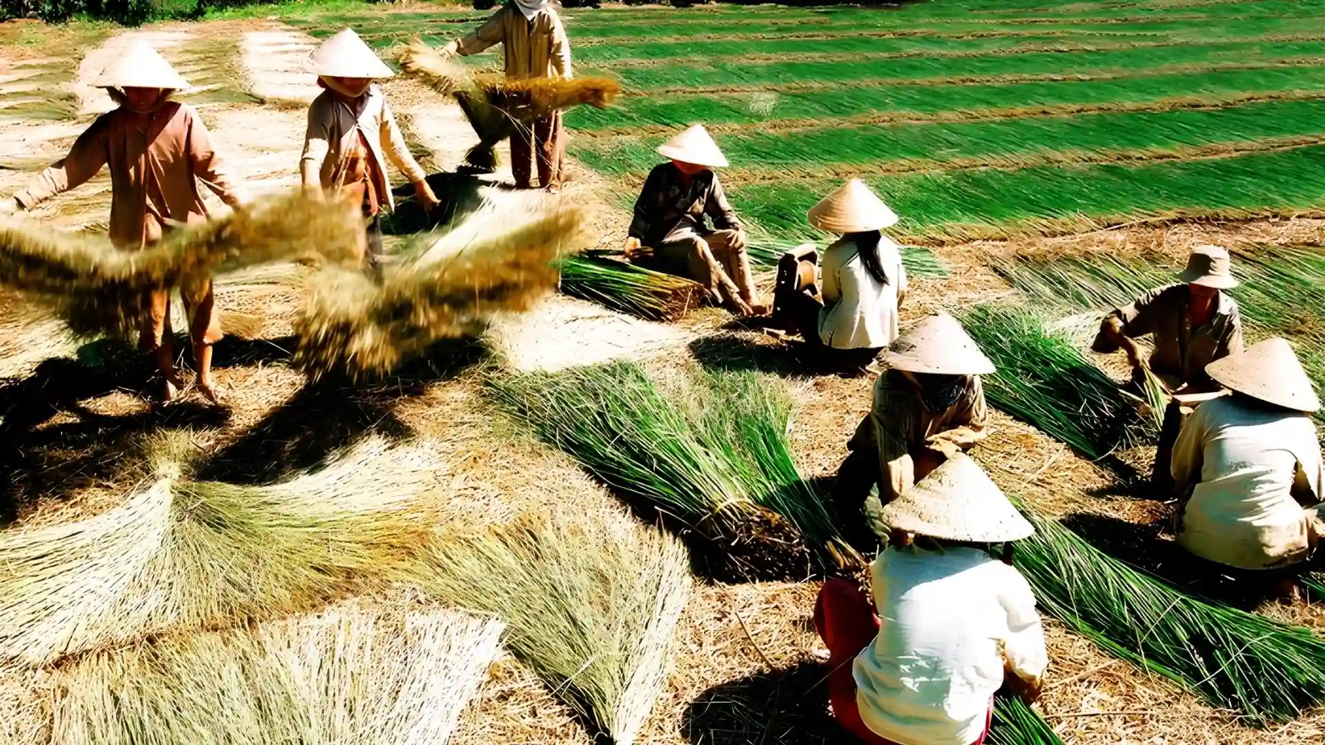 Locals spreading out green sedge to dry in the fields of An Hiep Mat Weaving Village