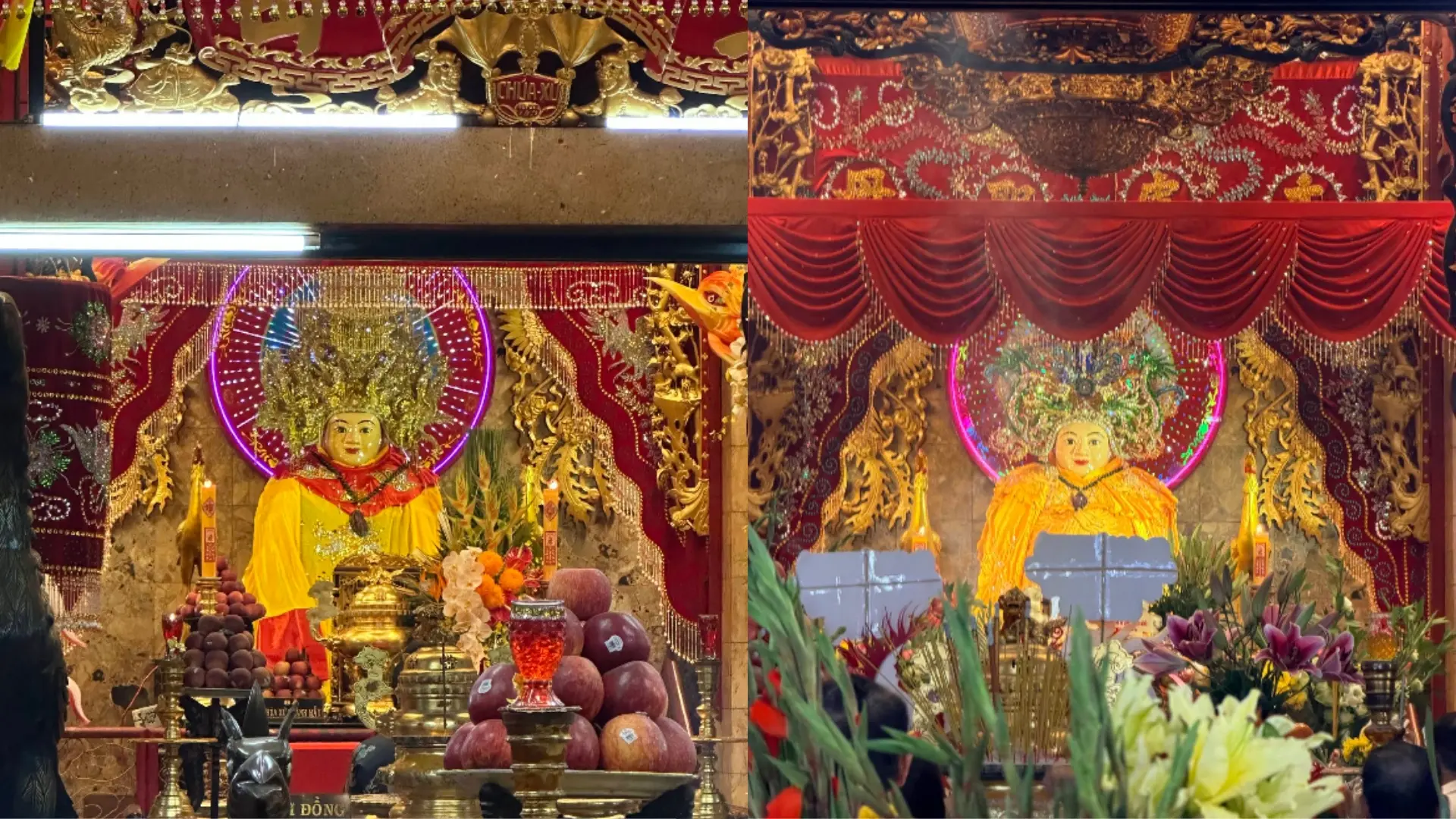 Interior worship area at Ba Chua Xu Temple on Sam Mountain