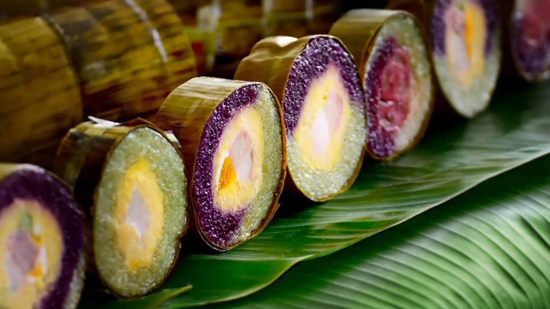 What to Eat in Vietnam: 30 Must-Try Dishes 100 Slices of purple bánh tét lá cẩm with savory filling on banana leaves