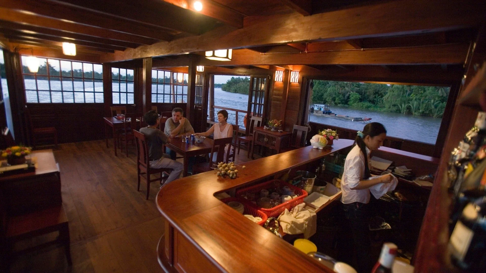 Bassac Cruise Mekong Delta onboard bar with cozy ambiance