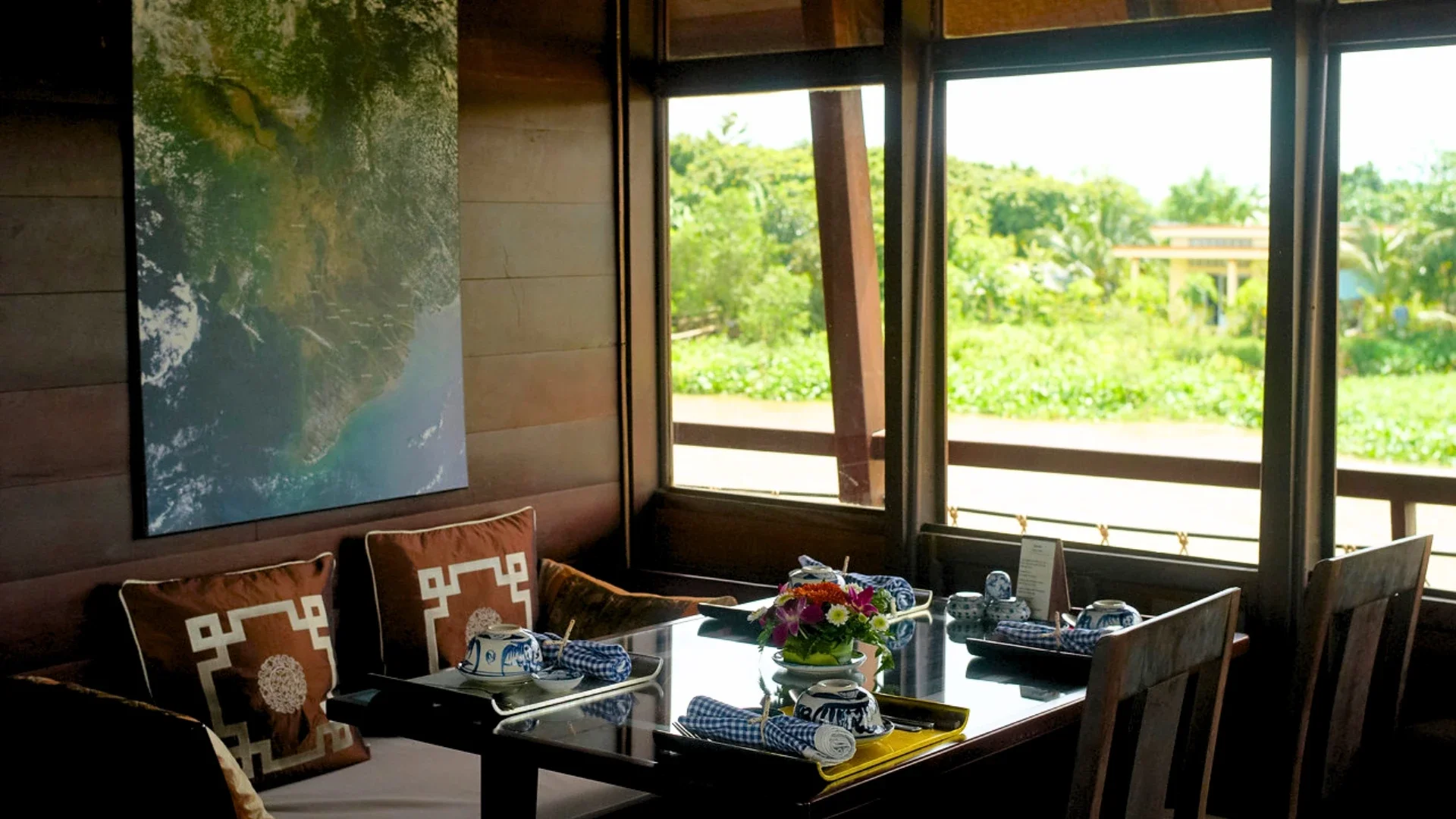 Bassac Cruise Mekong Delta lounge tea table in shared area