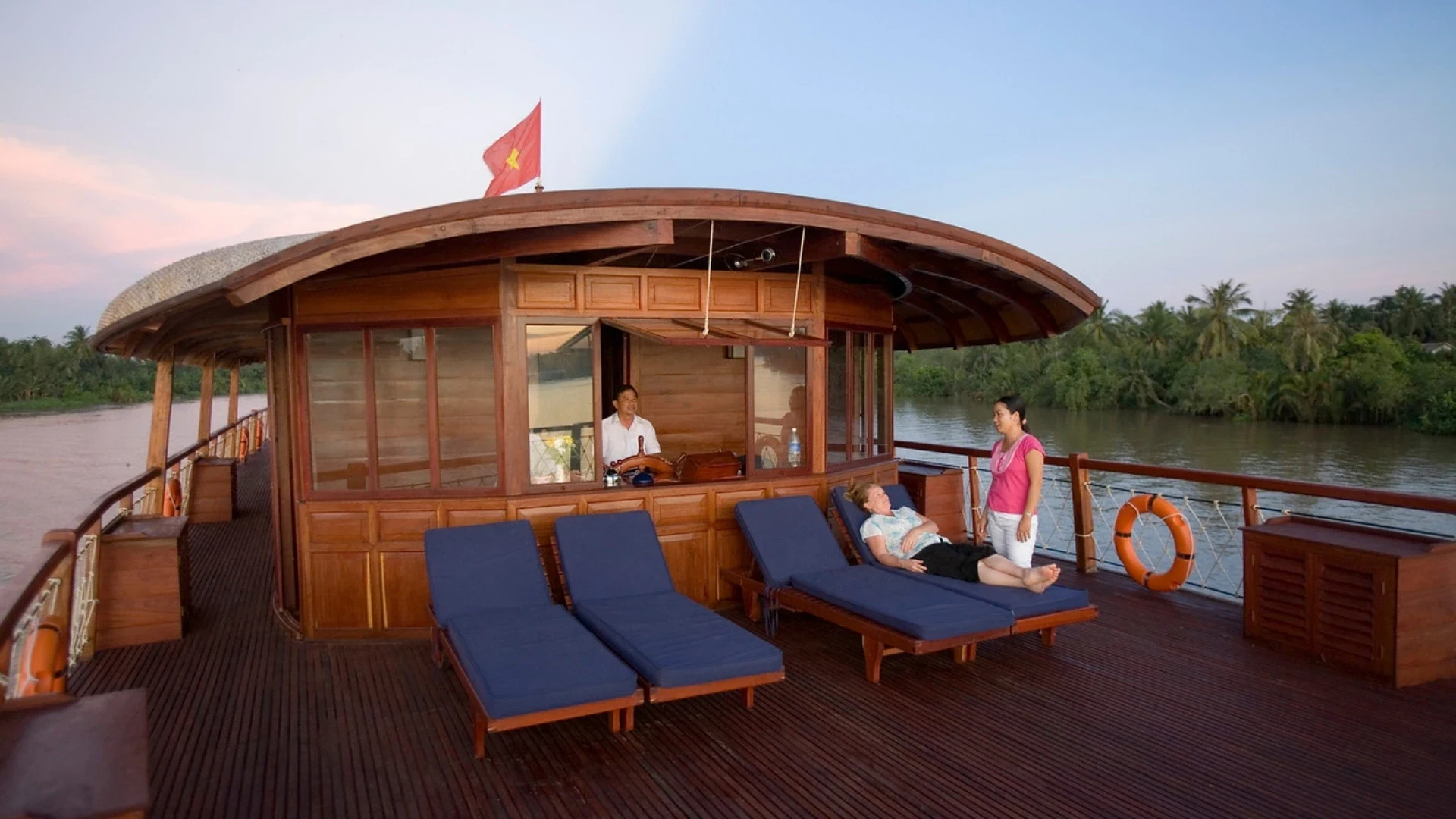 Bassac Cruise Mekong Delta rooftop deck with panoramic river view