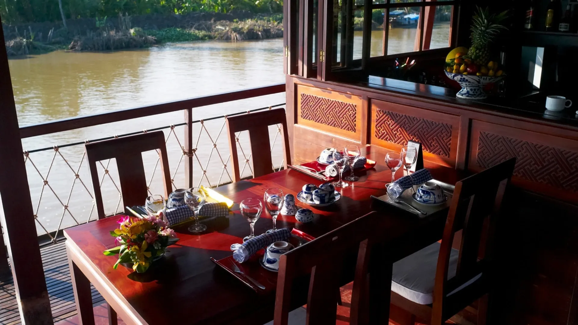 Bassac Cruise Mekong Delta elegant dining table setup