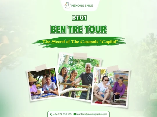 A scenic photo of a canal or a coconut workshop in Ben Tre, famous for its coconut-based products