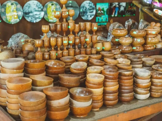 A variety of handmade products made from coconut, including bowls, utensils, and souvenirs from Ben Tre