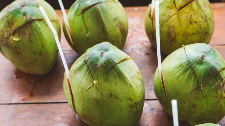 Freshly chopped coconuts with straws, ready for tourists to drink on a Mekong Delta tour