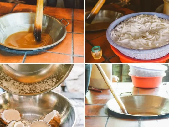 Local workers stirring a large pot of thick coconut caramel to make traditional Ben Tre coconut candy