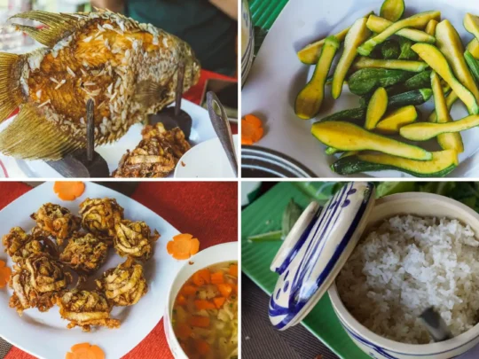 A delicious and authentic Mekong Delta lunch spread, featuring local specialties like elephant ear fish and fresh spring rolls