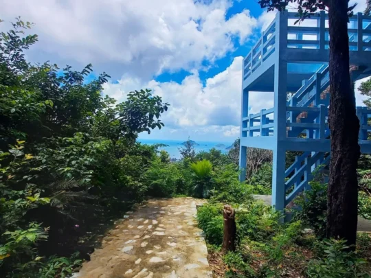 Blue observation tower at So Ray Plantation overlooking forest and ocean in Con Dao.