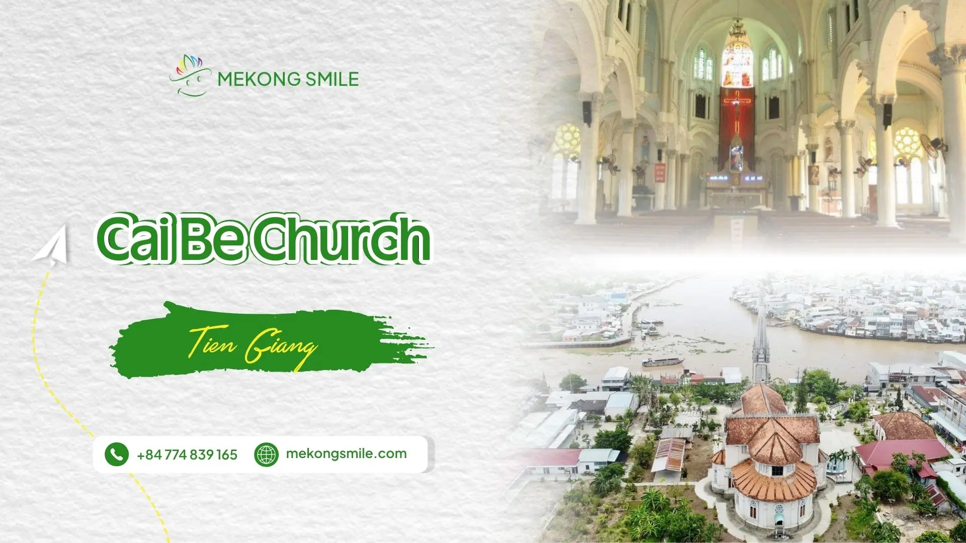 A high-angle view of Cai Be Church featuring prominent Gothic architecture situated along the bustling Cai Be riverside