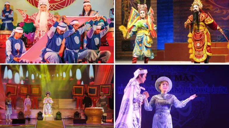 Collage of traditional Vietnamese theater performances with actors in elaborate costumes and dramatic stage scenes.