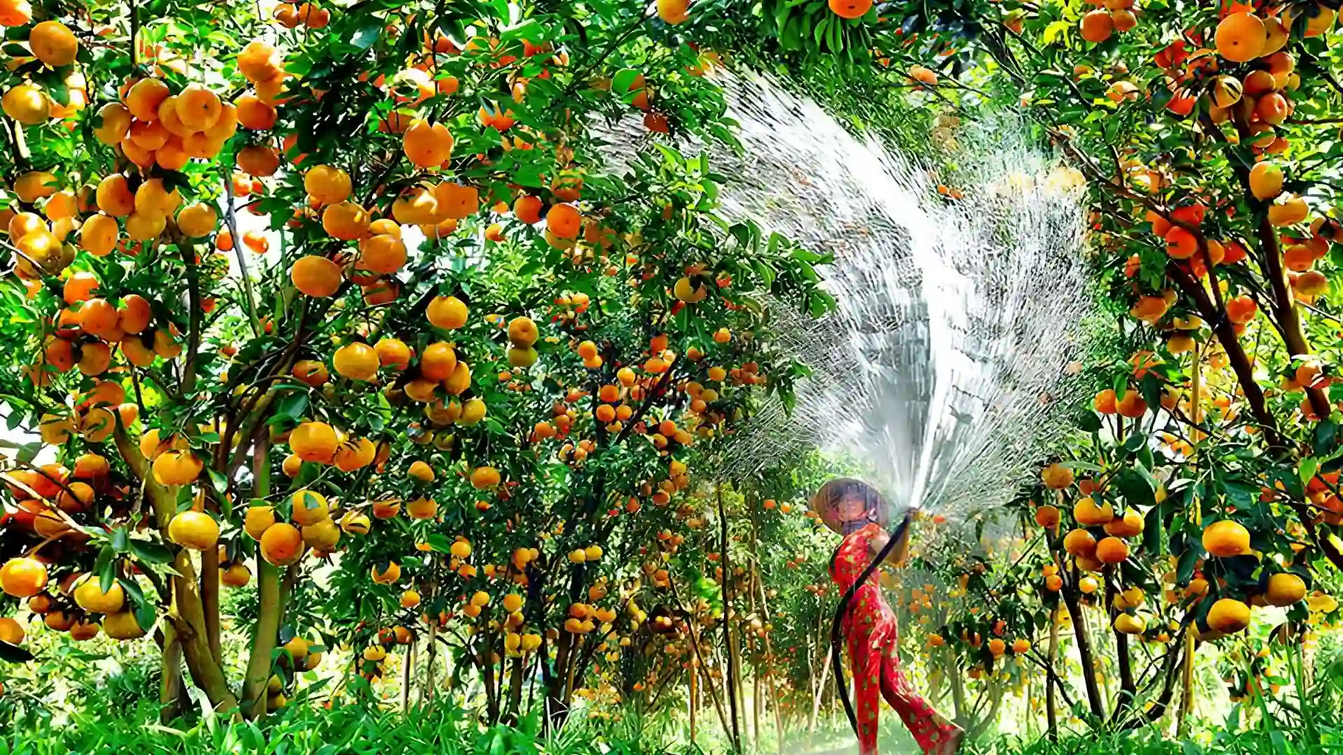 A farmer watering orange trees in the lush Cai Mon Orchard Village