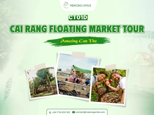 A photo capturing the bustling atmosphere of the Cai Rang Floating Market at sunrise, the highlight of a tour