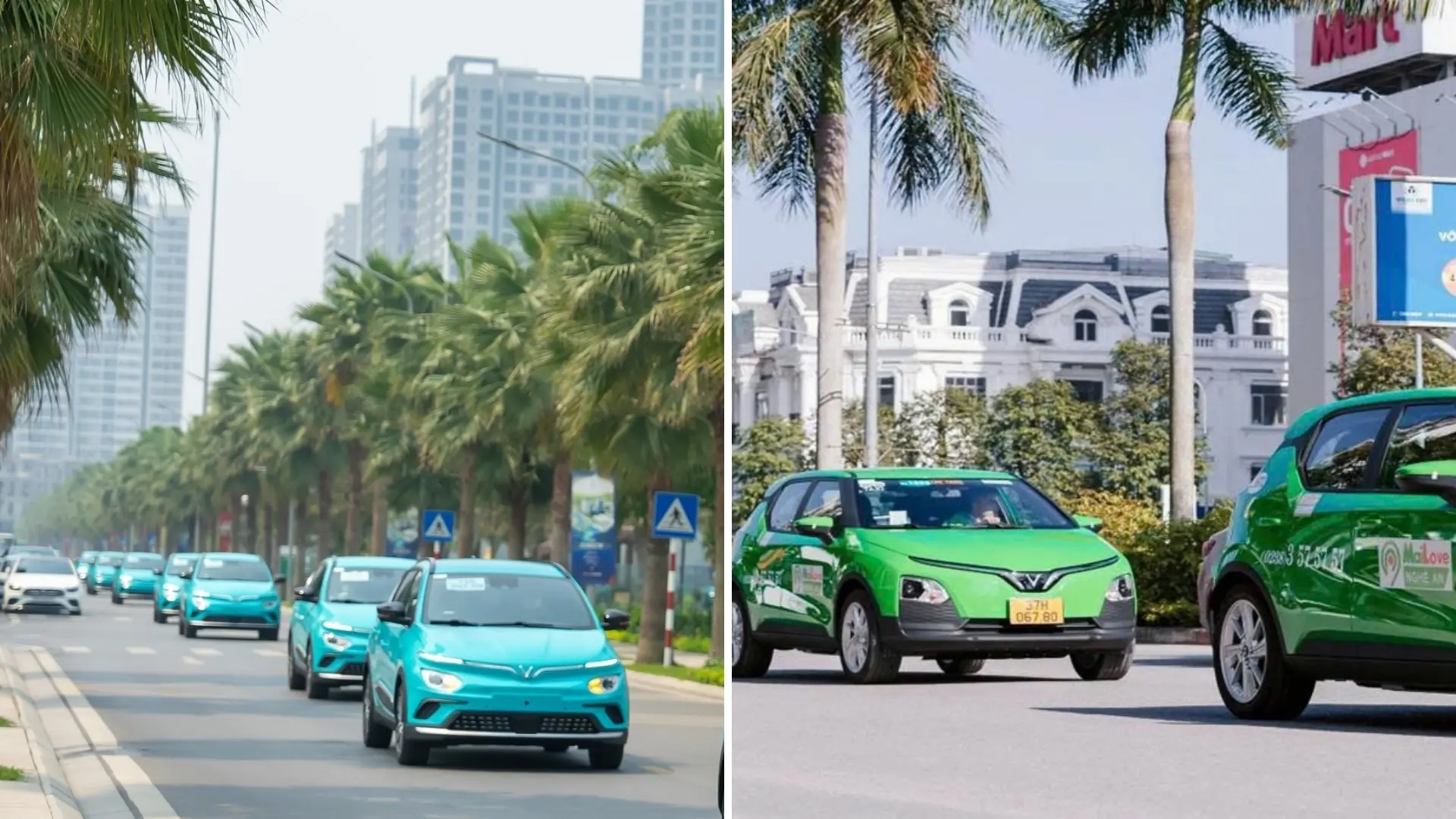 Can Tho International Airport (VCA): Flight & Travel Guide 377 Xanh SM and Mai Linh taxi vehicles on city streets in Vietnam