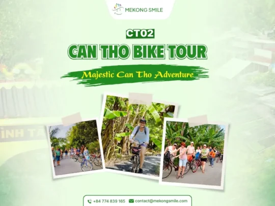 A group of travelers on bicycles, exploring the serene countryside roads of Can Tho