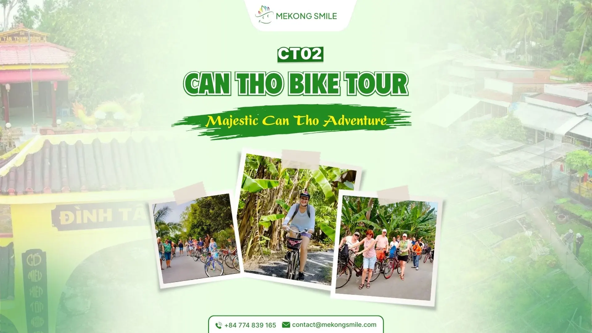 A group of travelers on bicycles, exploring the serene countryside roads of Can Tho