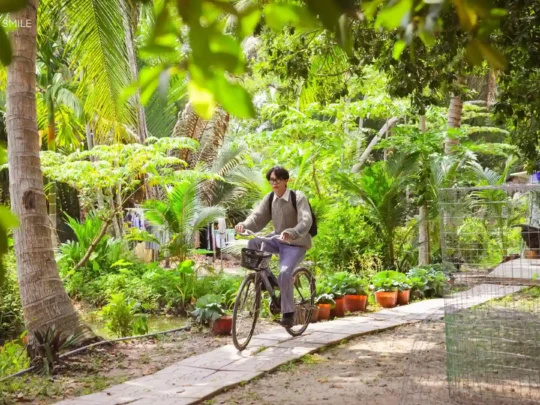 A group of cyclists passing through a traditional Vietnamese village path, experiencing authentic local life.
