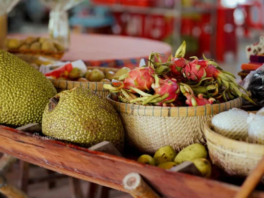A vibrant display of various seasonal fruits grown and served in the Mekong Delta.