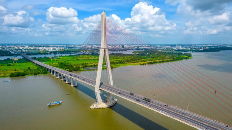 Aerial view of Can Tho Bridge spanning the Hau River