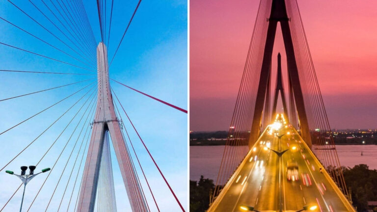 Close-up views of Can Tho Bridge's pylons and cables during the day and at dusk