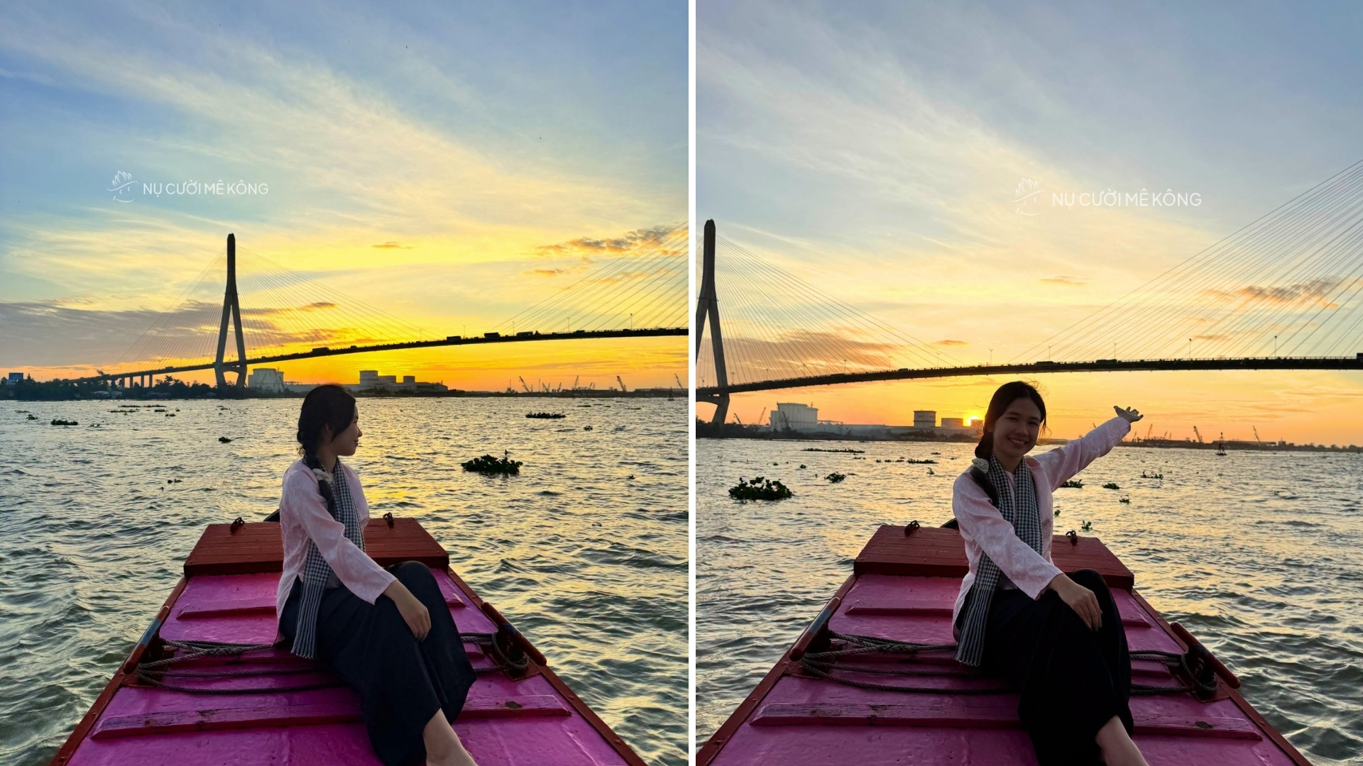 Can Tho Bridge: A Landmark Across the Hau River 107 Traveler on a boat with Can Tho Bridge in the background at sunset