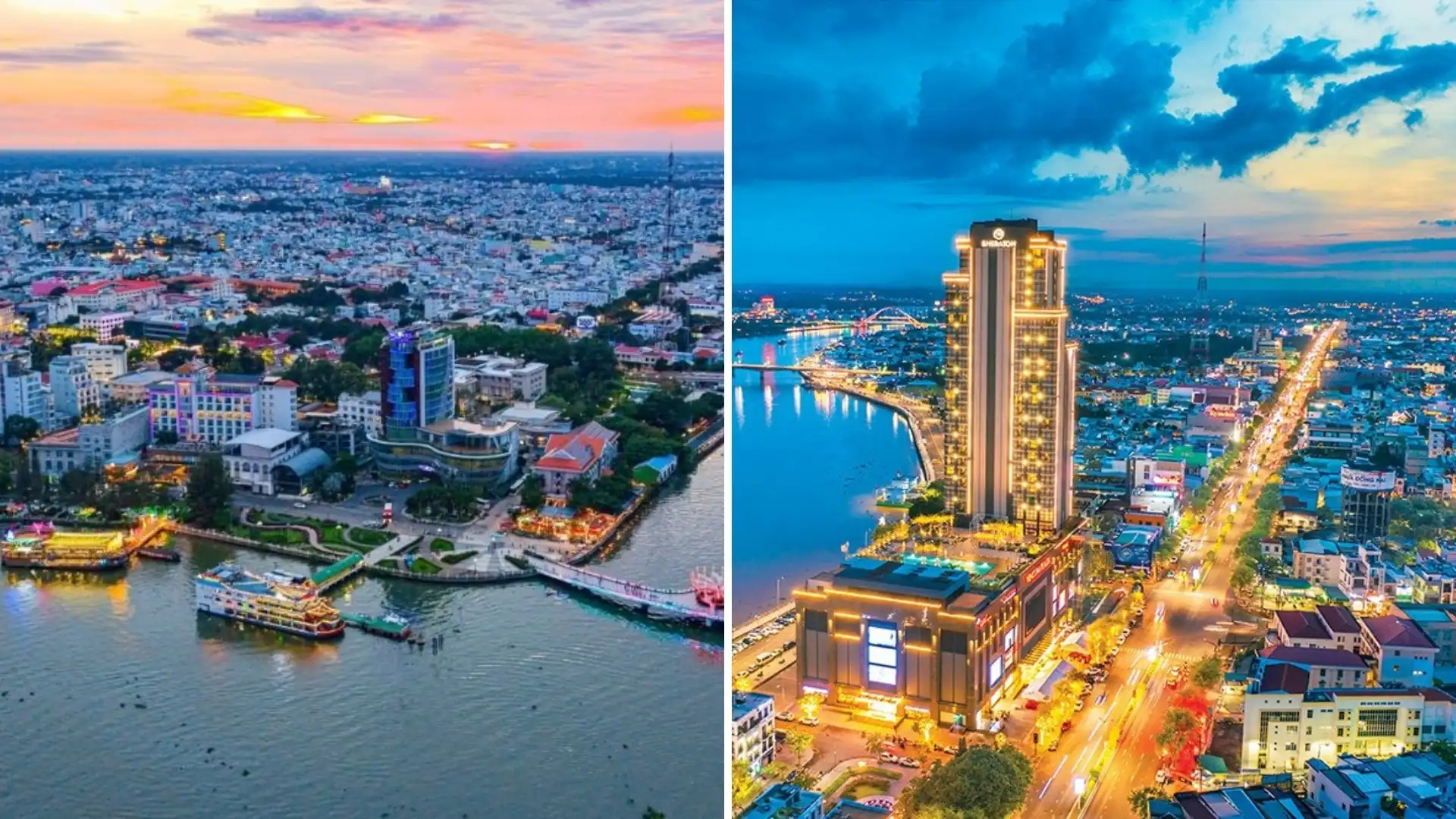 Can Tho International Airport (VCA): Flight & Travel Guide 381 Aerial views of Can Tho riverfront and illuminated city skyline at dusk