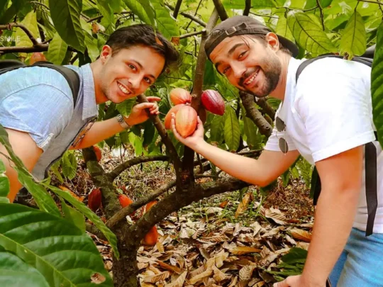 A tourist posing for a picture in a lush cacao garden, a scenic stop on the Can Tho cooking class tour.