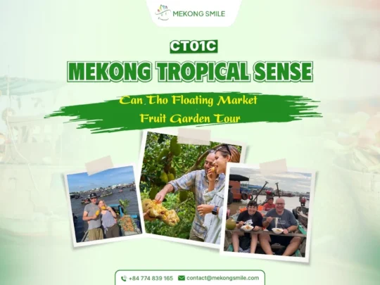 A vibrant photo of the Cai Rang Floating Market combined with a lush fruit garden, representing a full-day tour