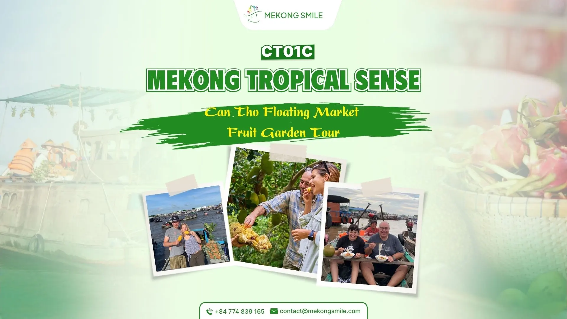 A vibrant photo of the Cai Rang Floating Market combined with a lush fruit garden, representing a full-day tour