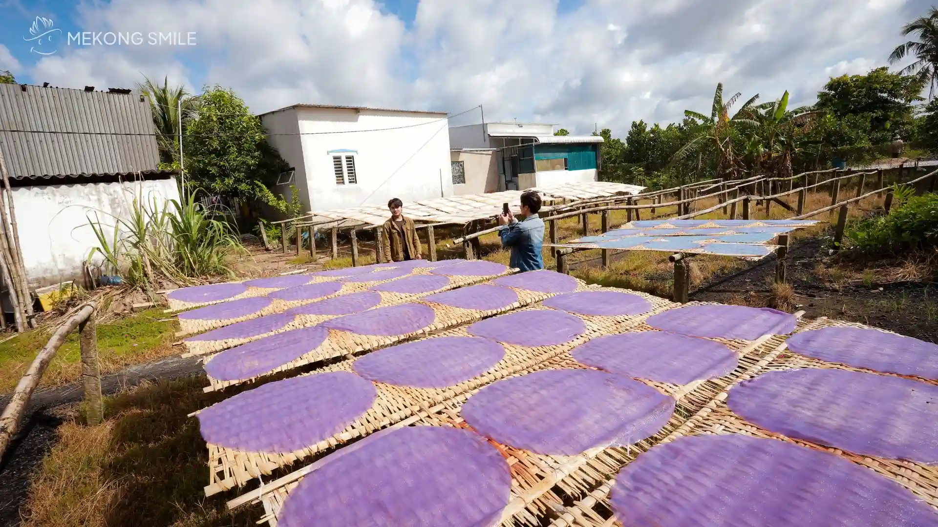Sheets of freshly made rice noodles drying in the sun
