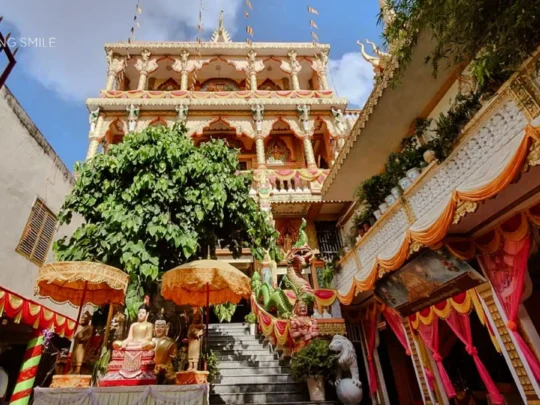 A beautiful pagoda standing peacefully in the middle of the city, offering a spiritual escape.