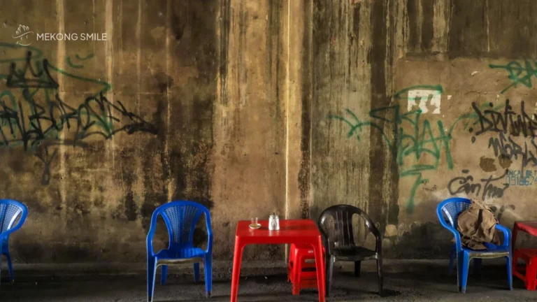 The iconic small plastic chairs of Vietnam, a symbol of the country's vibrant street food and coffee culture.