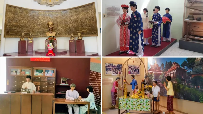 Museum displays featuring historical artifacts, traditional costumes, a reconstructed old shop and cultural heritage exhibits.