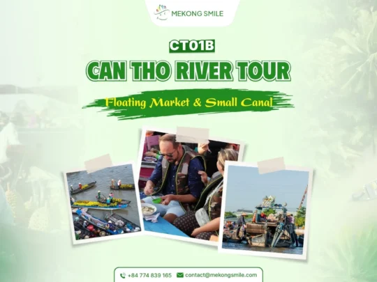 A boat sailing on the wide, bustling Mekong River, showcasing the vibrant life and scenery of the region