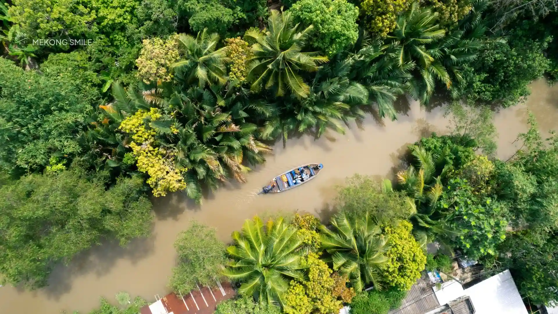 A sampan boat gliding through a serene, narrow canal lined with lush green water palms in Can Tho River Tour