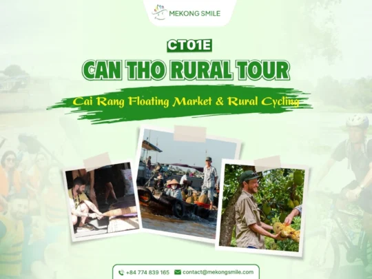 photo of people cycling or walking along a peaceful village road in the Can Tho countryside