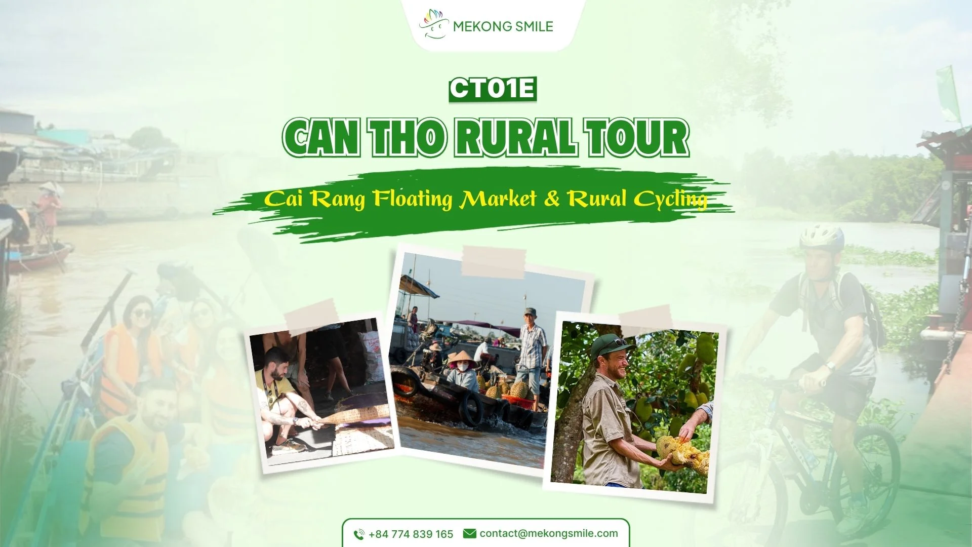 photo of people cycling or walking along a peaceful village road in the Can Tho countryside