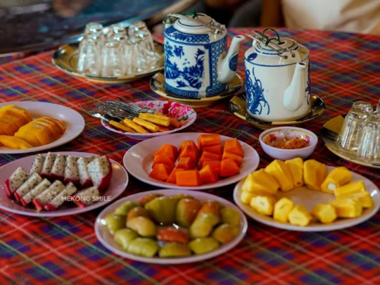 a platter of freshly picked tropical fruits at a garden in the Mekong Delta.