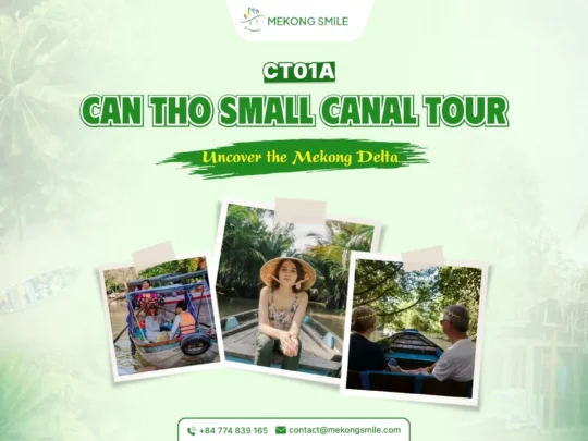 A small boat navigating through a narrow, lush green canal in the Mekong Delta, symbolizing a peaceful and intimate tour