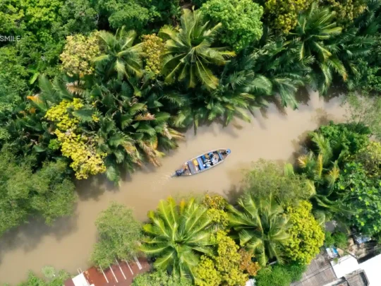 Aerial drone view of a lush, narrow canal in the Mekong Delta during a small canal tour in Can Tho