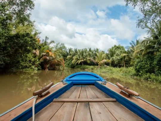 Lush green coconut and water palm trees lining the banks of a small canal in the Mekong Delta, Vietnam