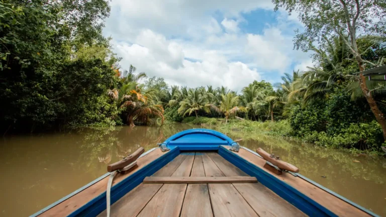 Lush green coconut and water palm trees lining the banks of a small canal in the Mekong Delta, Vietnam
