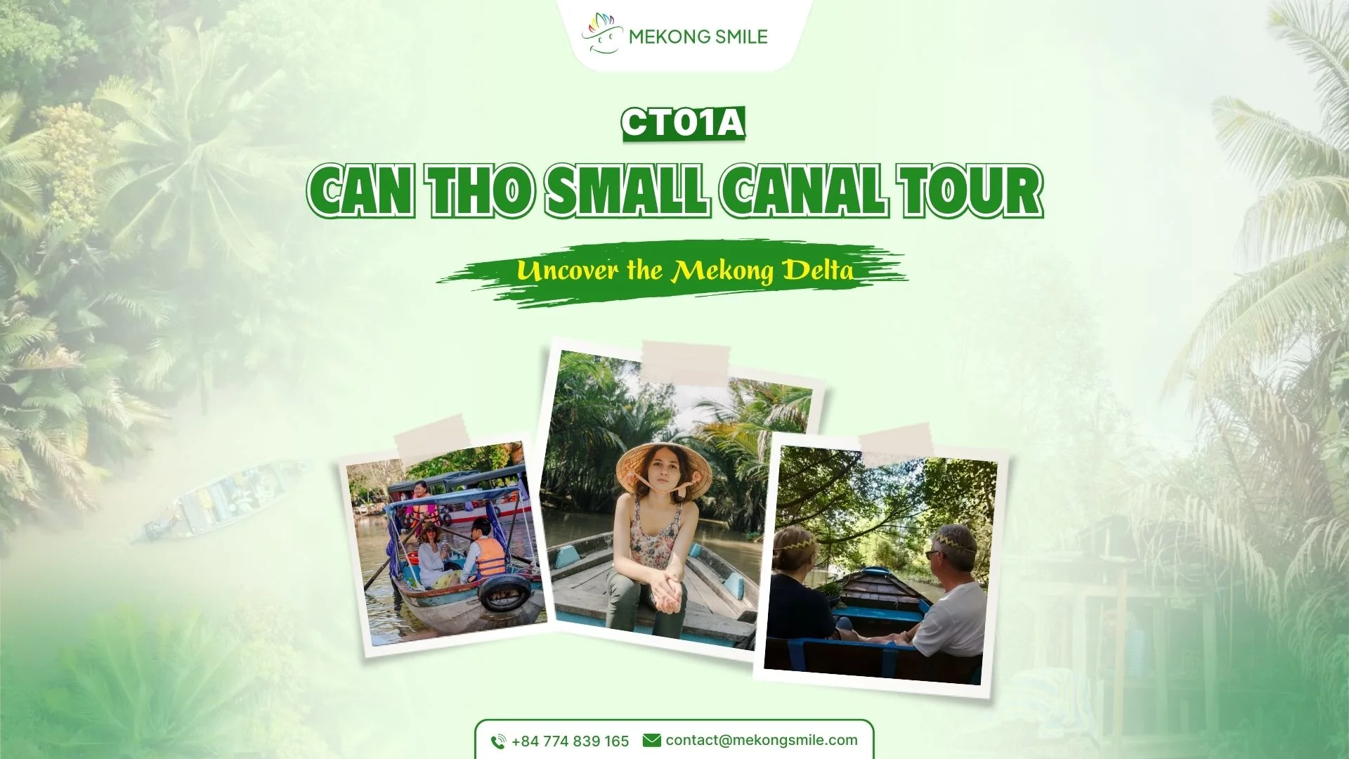 A small boat navigating through a narrow, lush green canal in the Mekong Delta, symbolizing a peaceful and intimate tour