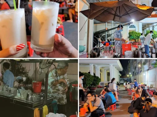 A cup of traditional hot soy milk enjoyed in the serene and peaceful courtyard of a museum